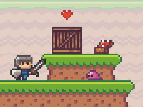 Pixel art style, character in game arcade play. Man with sharp sword and shield fighting against monster aliens, retro gaming mode. Game scene with dirt platforms with grass, wooden box and chest