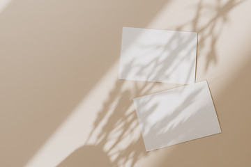 Blank paper sheet cards with mockup copy space with sunlight shadow on beige background. Minimal...