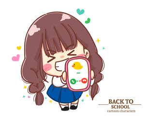 Cute Girl children student uniforms holding mobile back to school. Cartoon illustration Premium Vector