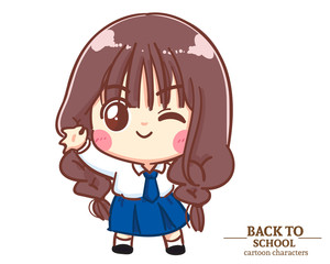 Cute Girl children student uniforms raises his hands in an ok pose back to school. Cartoon illustration Premium Vector