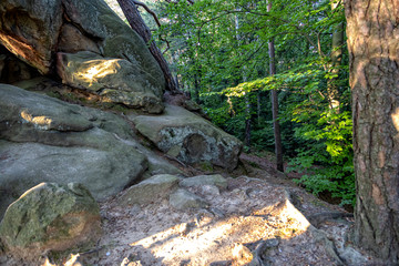 devil stone in a forest in the mountains of Pogorzyce in Poland on a summer day