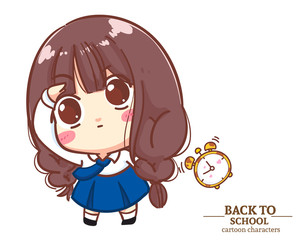 Cute Girl children student uniforms raised her hand to look up back to school. Cartoon illustration Premium Vector