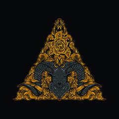 artwork illustration and t-shirt design goat with golden engraving ornament premium vector