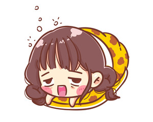 Girl sleeps on a mattress with a blanket wrapped around her. Cartoon illustration logo. Premium Vector