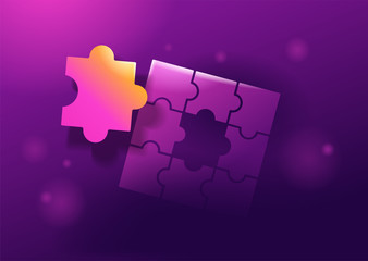 Puzzle collecting glowing on dark purple background - illustration for hiring, connection, HR or psychology