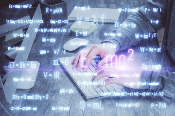 Science formula hologram with man working on computer on background. Education concept. Double exposure.