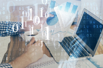 Multi exposure of technology hologram with man working on computer background. Concept of big data.