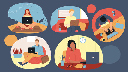 Freelance Work, Remote Job And Self-Employment Concept. Set Of Busy Freelancers Handsome People Men And Women Working On Laptops From Different Places. Cartoon Linear Outline Flat Vector Illustration