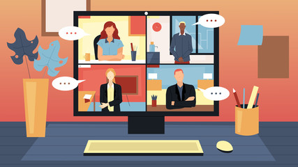 People Group Having Online Video Conference. Desktop Computer Standing On Table And Surrounding By Office Items. Flat Vector Illustration. Modern Technology Business Call. Male And Female Employees