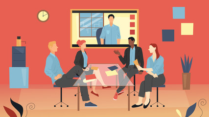 Remote Video Meeting Or Business Presentation Between Coworkers. Four Characters Sitting In Office Having Video Call With Colleague. Cartoon Flat Style. Vector Illustration. Modern Technology Working