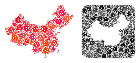 Pandemic virus map of China collage designed with rounded square and cut out shape. Vector map of China composition of pandemic virus particles in different sizes and color hues.