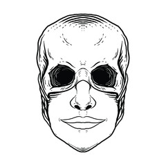 tattoo and t-shirt design black and white hand drawn  skull with smile mask premium vector