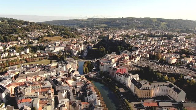 Lourdes town and castle, time lapse drone shot