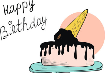 Happy birthday cake, sweet tasty , chocolate vector isolated illustration and lettering on white background. Concept for logo, menu, print