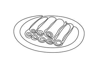 Сontinuous one line drawing of Chinese spring roll or Russian pancakes. Asian food cafe shop logo emblem, restaurant logotype template concept. Modern single line draw design vector illustration