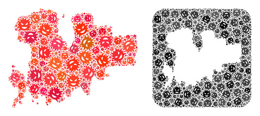 Infection virus map of Mykonos Island collage designed with rounded square and cut out shape. Vector map of Mykonos Island collage of infection virus particles in different sizes and color tones.