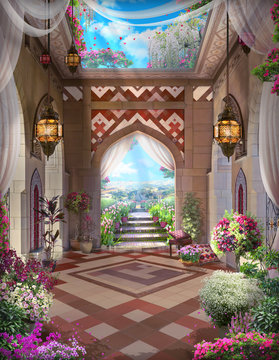 Beautiful Arabian arch with flowers, lanterns, desert views and tulips. Digital collage , mural and fresco. Wallpaper. Poster design. Modular panno.