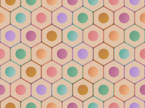 Seamless pattern with pencils in flat style. Beige hexagons with colored circles. Bright pattern on the educational theme. Stock vector illstration for web and print, wallpaper, backgounde, textile. 