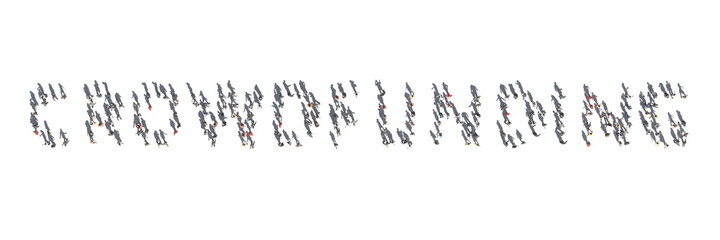 Aerial top view of people and their shadows making up CROWDFUNDING word. 3d rendering