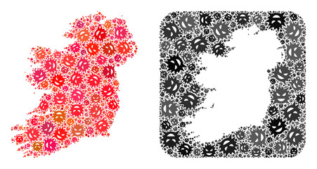 Flu virus map of Ireland Island mosaic designed with rounded square and hole. Vector map of Ireland Island mosaic of evil virus ojects in variable sizes and color tinges.