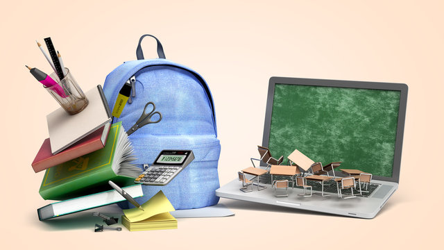 online learning concept Blue backpack with school supplies and laptop 3d render on color gradient