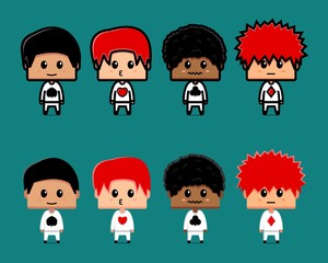 Cute cartoon character playing card symbol heart spade diamond club.  Illustration vector