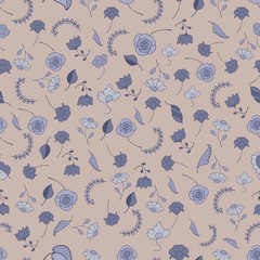seamless pattern, ornament of flowers and leaves, beige background