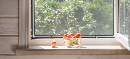 White window with mosquito net in a rustic wooden house overlooking the garden. Organic apples in bowl on windowsill.