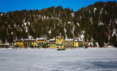 Fototapeta na wymiar View on the mountains with hotels in Turracher Höhe, Austria in winter
