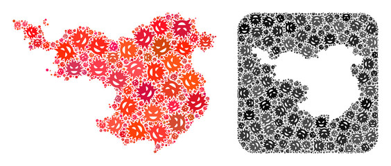 Flu virus map of Gerona Province collage designed with rounded square and carved shape. Vector map of Gerona Province collage of pandemic virus particles in various sizes and color tints.
