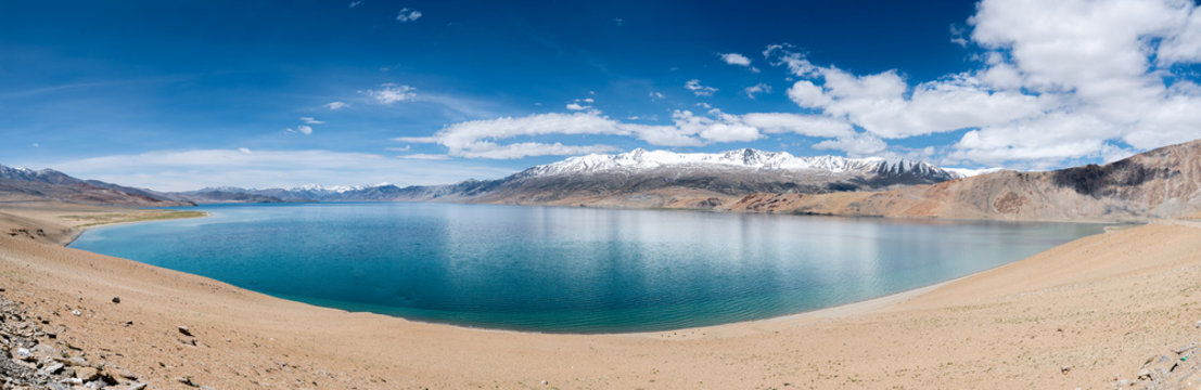 Tso Moriri Lake in the Karakorum Mountains near Leh, India. This region is a purpose of motorcycle expeditions organised by Indians