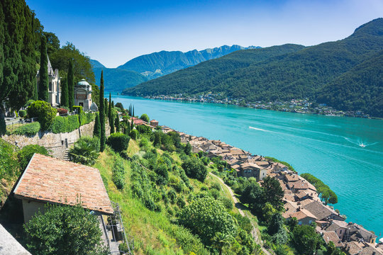 View of the Lugano lake from Morcote hills, Ticino, Switzerland.