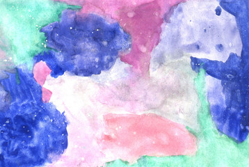 Hand drawn abstract watercolor illustration. Blurry background in blue, pink, lilac colors.