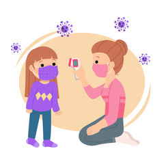 Mother checking on daughter's temperature using thermo gun. Covid-19 safety prevention. Corona virus awareness. Flat vector isolated on white