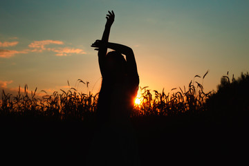 Silhouette of carefree woman dancing in field and enjoying freedom during sunset in summer 