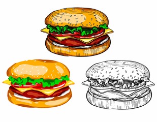 Raster illustrations in the sketch style with detailed drawings of fast food, rolls, and other food. High-quality detailed drawing of all elements.