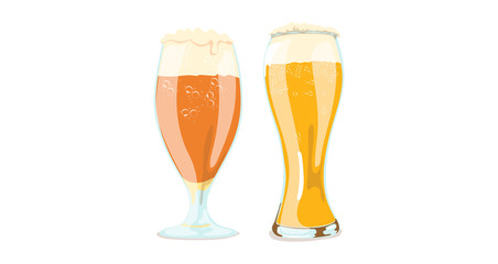 Beer glasses on a white background with frothy fresh beer