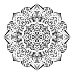Circular pattern in form of mandala with flower for Henna, Mehndi, tattoo, decoration. Decorative ornament in ethnic oriental style. Outline doodle hand draw vector illustration. Coloring book page.