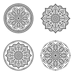 Set of circular pattern in form of mandala with flower for Henna, Mehndi, decoration. Decorative ornament in ethnic oriental style. Outline doodle hand draw vector illustration. Coloring book page.