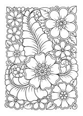 Outline rectangular floral pattern in mehndi style for coloring book page. Antistress for adults and children. Doodle ornament in black and white. Hand draw vector illustration.