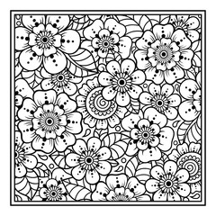Outline square flower pattern in mehndi style for coloring book page. Antistress for adults and children. Doodle ornament in black and white. Hand draw vector illustration.