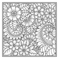 Outline square flower pattern in mehndi style for coloring book page. Antistress for adults and children. Doodle ornament in black and white. Hand draw vector illustration.