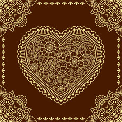 Stylized with henna tattoo decorative pattern for decorating covers book, notebook, casket, postcard and folder. Mandala, Heart of flowers and border in mehndi style. Frame in the eastern tradition.