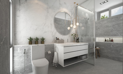 The Beautiful modern luxury bathroom and restroom mock up interior design and marble tile wall background /3D rendering