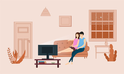 Loving couple watching TV or television set film, TV series, the broadcast