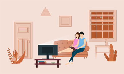 Fototapeta premium Loving couple watching TV or television set film, TV series, the broadcast