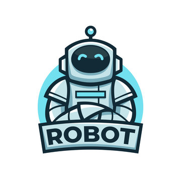 Cute Friendly Blue Robot Mascot Logo With Crossed Arms Pose