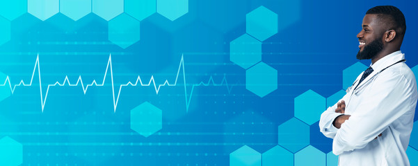 Science medicine concept. Collage with smiling black male doctor looking at blank space, blue background