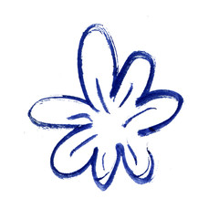 Blue abstract flower silhouette brush. Wild plant isolated on white background. Monochrome artistic illustration