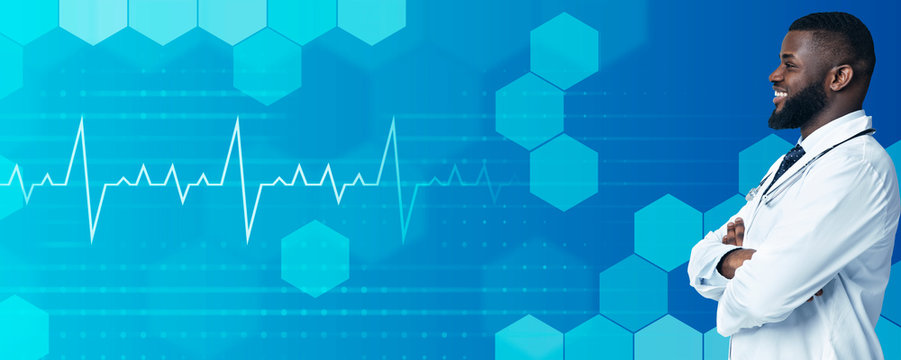 Science medicine concept. Collage with smiling black male doctor looking at blank space, blue background